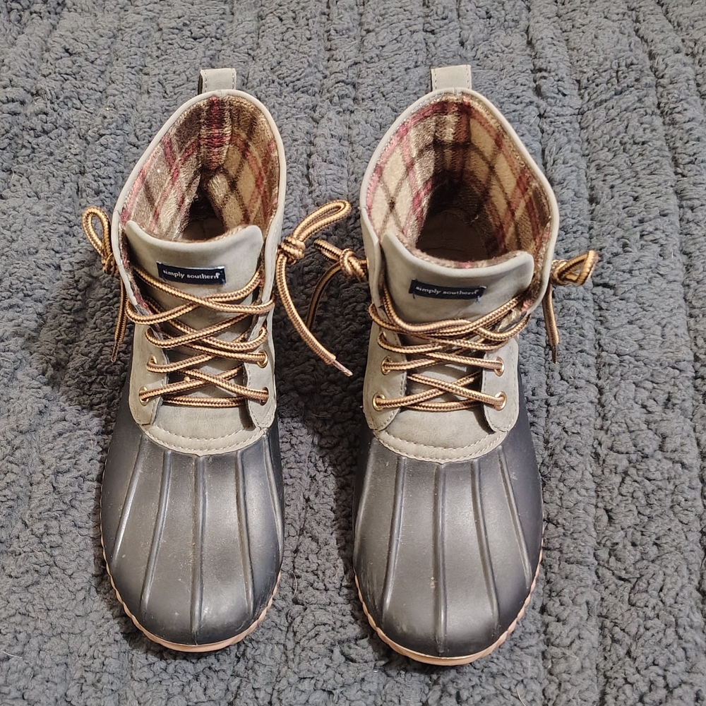 Simply Southern Gray and Tan Plaid Lined Ankle Boots